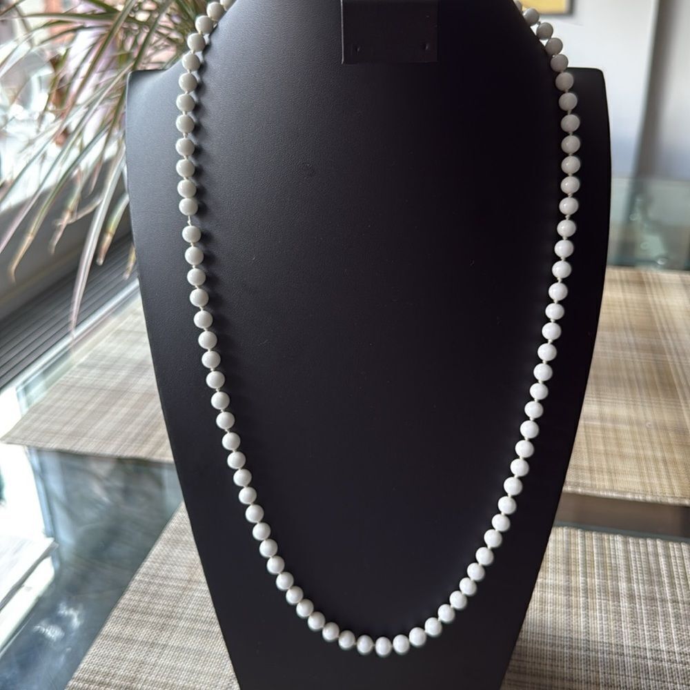 Vintage Monet Long Necklace Single Strand of Hand Knotted Milk Glass Beads.
